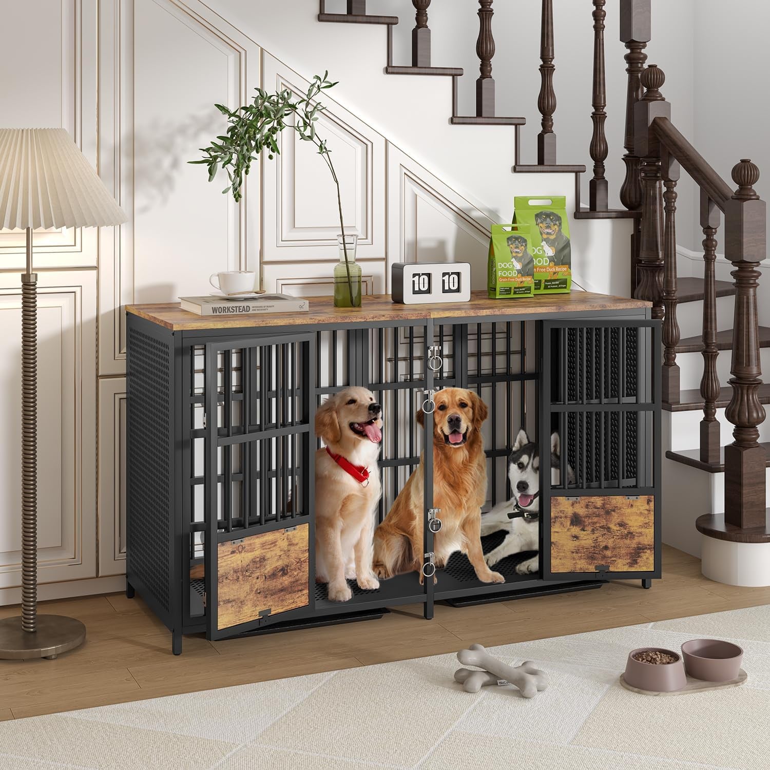 Large Dog Crate Furniture, 63 Inch Heavy Duty Double Dog Crate with Removable Divider, Extra Large Dog Kennel Furniture TV Stand Withtrays for 2 Large Dogs