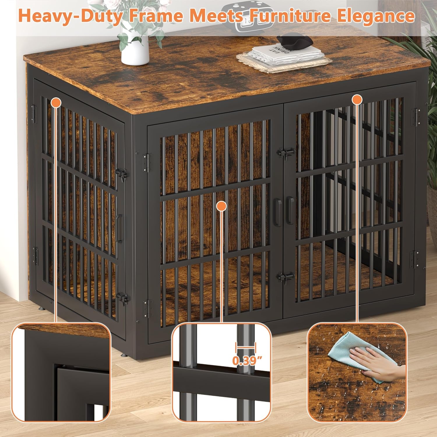 Heavy Duty Dog Crate Furniture for Xlarge Dog, 48''XL Dog Kennel Indoor Furniture,Indestructible Metal Crate with Double-Doors, Dog Crate End Table, Chew-Resistant