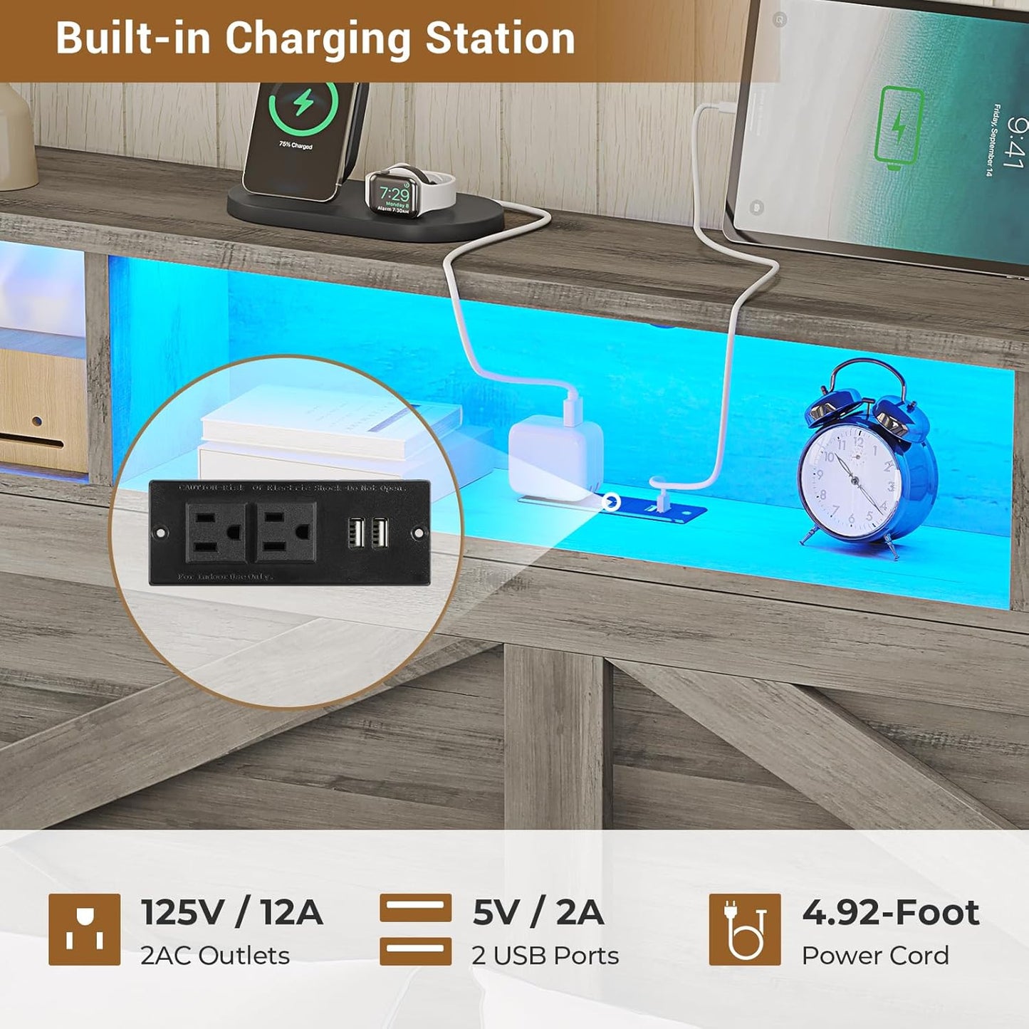 Queen Size Bed Frame with Storage Ottoman, Farmhouse Bed Frame with Charging Station and Led Light, Headboard with Storage Rack, Metal Slats, No Noise Design, No Box Spring Needed,Oak Grey