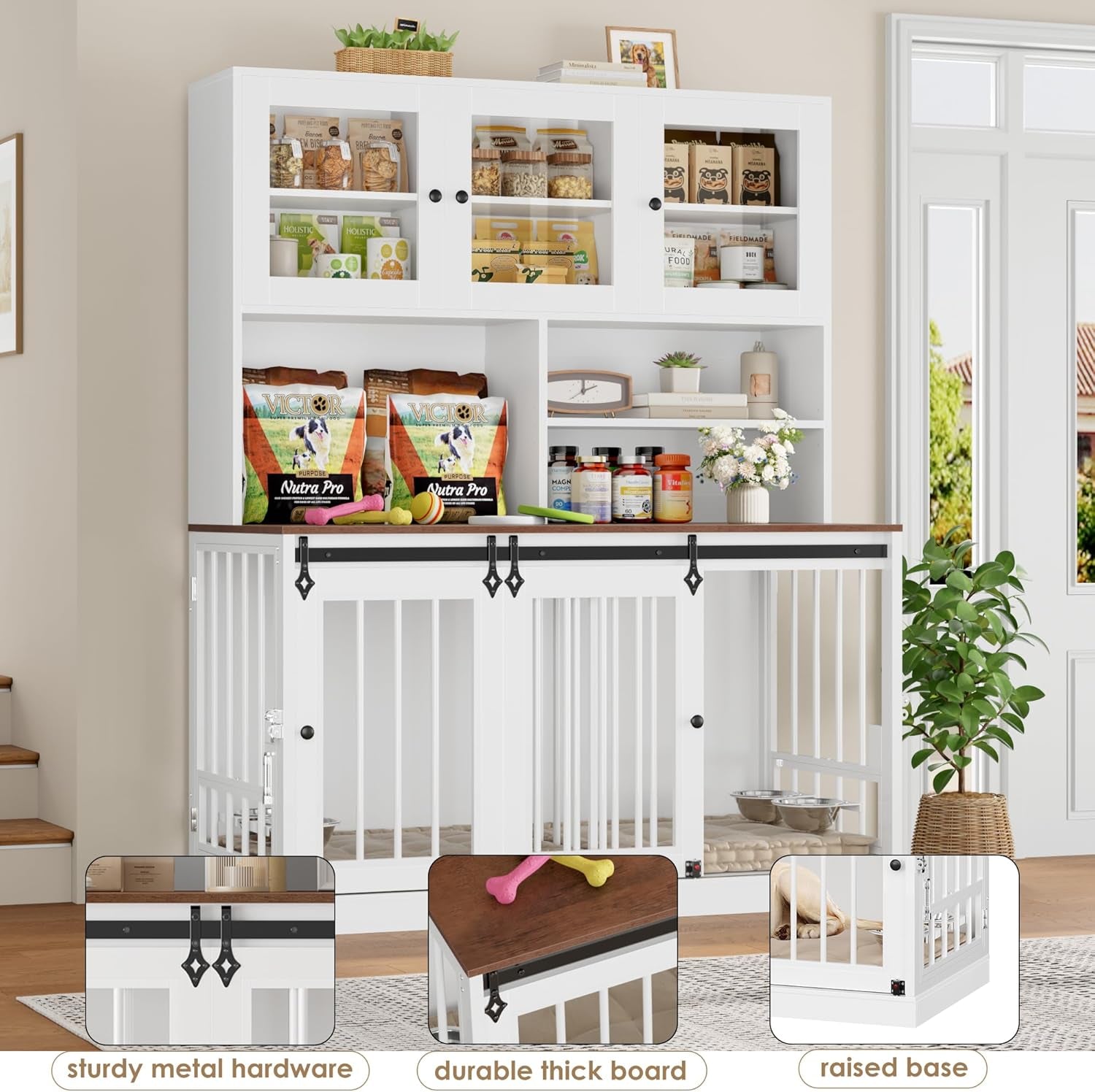 71"H X 55"L Large Dog Crate Furniture with Hutch Shelf and Glass Door, Indoor Dog Kennel with Divider and Feeding Bowls for Large Dogs 2 Pets, Heavy Duty Dog Cage Pet House with 4 Doors, Black