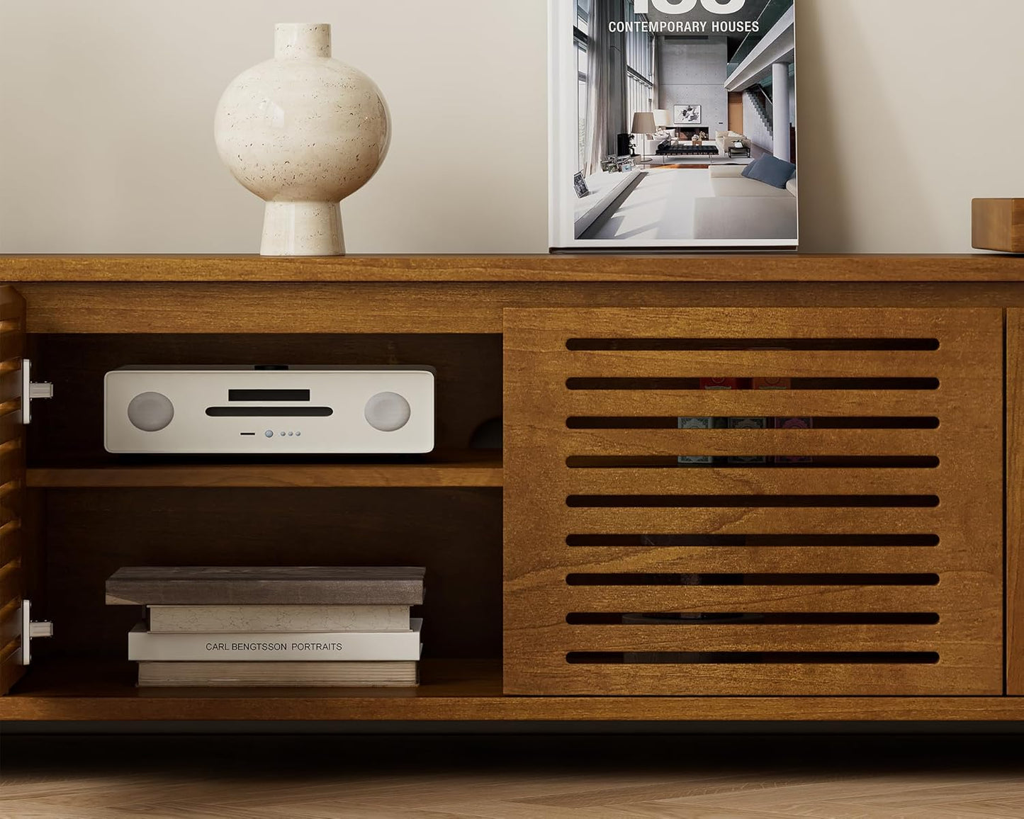 Mid Century Modern TV Stand,Extendable Entertainment Center for 65/70/75/80 Inch Tv,Media Console for Living Room&Bedroom, Walnut