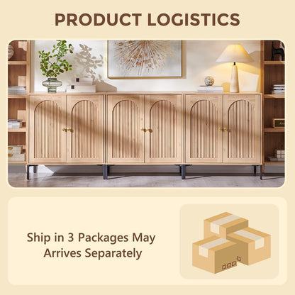 Modern Buffet Cabinet with Storage, 92.63" W Fluted Arched Sideboard Cabinet W/Adjustable Shelves, Wooden Modular Coffee Bar for Dining Room, Kitchen, Living Room, Entryway, Natural