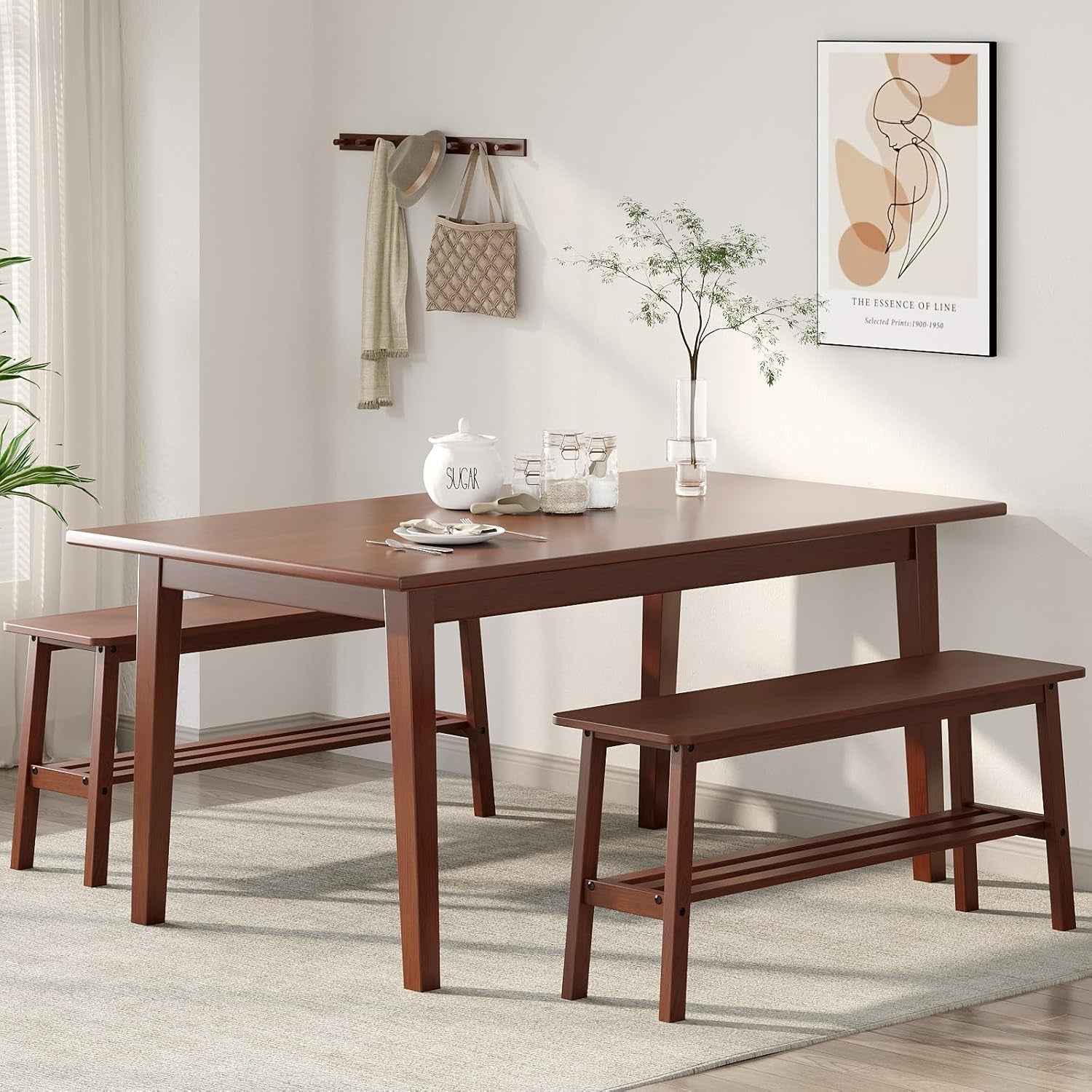 Solid Wood Dining Bench 39" Wooden Bench for Entryway, Bedroom, Kitchen & Living Room, with Shoe Rack Storage, Walnut