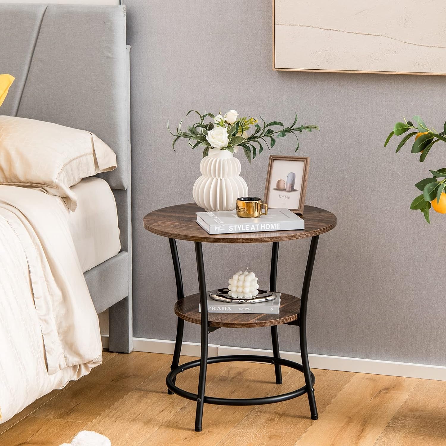 round End Table Set of 2, Industrial Side Table with 2 Storage Shelves & Sturdy Metal Frame, Versatile Bedside Table for Bedroom Living Room Small Space, Easy Assembly (2, Brown)