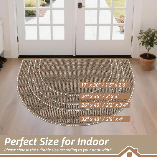 Dirt Trapper Door Mat 24" X 36" Half Circle Non-Slip Washable Doormats Entrance Rugs Absorbent Welcome Low Profile Floor Mats for Front Back Door and Entryway, Taupe