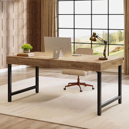 55" Industrial Executive Desk for Home Office, Rustic Simple Computer Laptop Desk with Strong Metal Legs, Study Writing Table Business Workstation, Small Conference Table