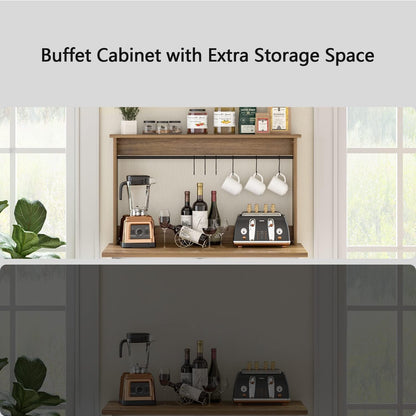 Farmhouse Coffee Bar with Hutch, White Coffee Bar Cabinet with Storage Sliding Barn Door, 31 Inch Buffet Cabinet with 6 Hooks, Coffee Bar Table with Adjustable Shelves for Living Dining Room