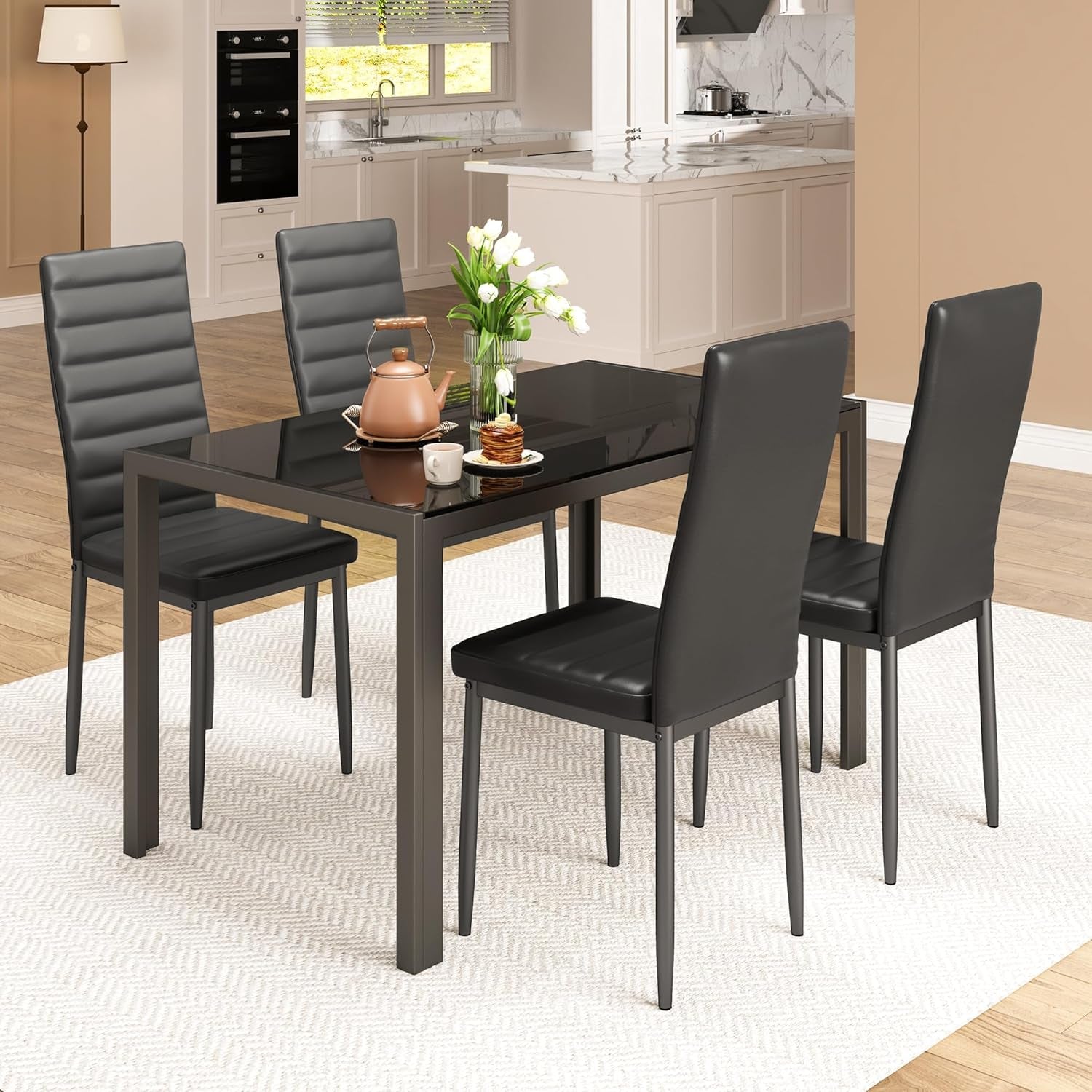Kitchen Dining Table Set for 4, Tempered Glass 5 Piece Table and Chairs Set Modern for Home, Kitchen, Living Room, Dining Room (Black)
