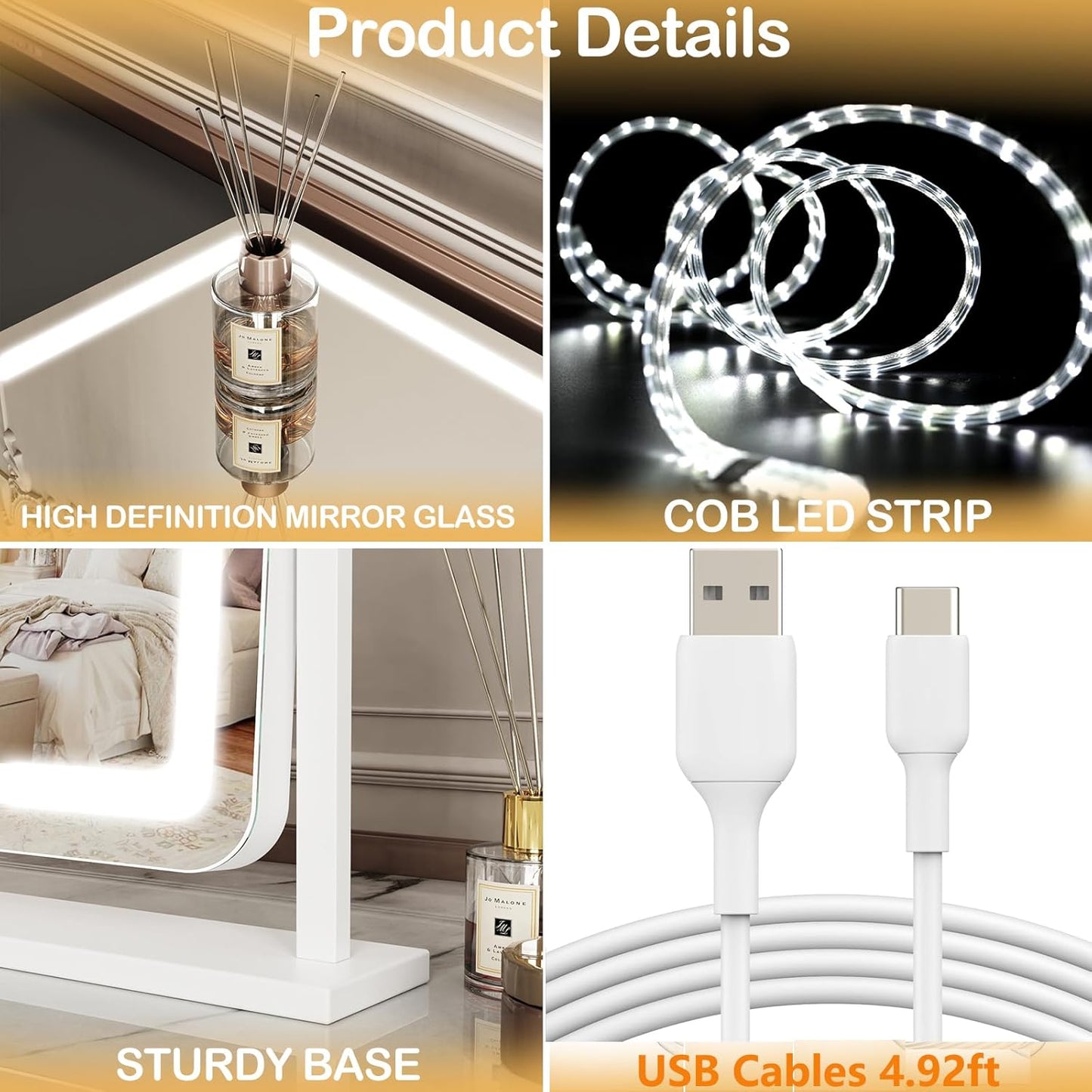 Makeup Vanity Mirror with Lights 15.2" Large LED Lighted Mirror, Hollywood Make up Mirror with Lighting for Bedroom Tabletop, Smart Touch,Detachable 10X Magnification 360° Rotation, (White)