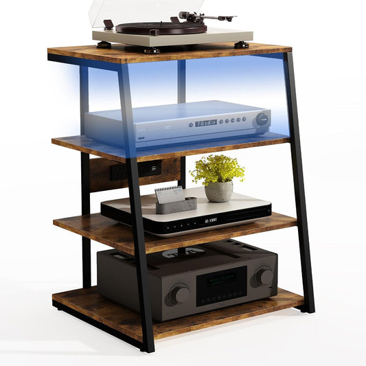 4-Tier AV Media Stand Corner Shelf for Record Player Wooden Stereo Cabinet Audio Rack Tower with Electrical Outlet & LED Lights for Ps4 (Walnut)