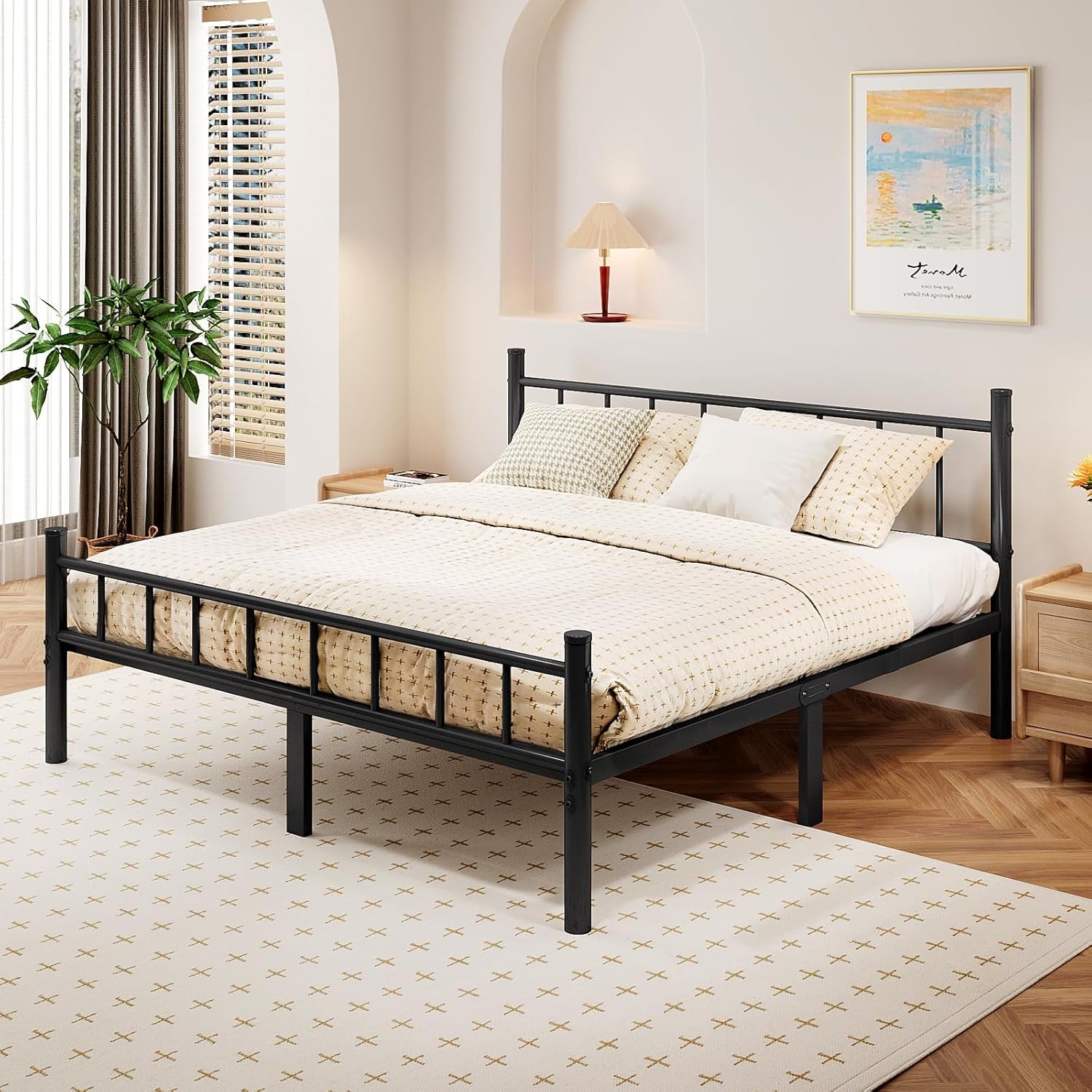 King Size Metal Bed Frame with Headboard & Footboard 14 Inch Metal Platform Mattress Foundation Support with Steel Slat, under Bed Storage, No Box Spring Needed