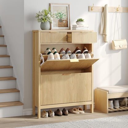 Fluted Shoe Storage Cabinet with 2 Flip Drawers & 2 Storage Drawers, Narrow Hidden Shoe Rack Organizer with Adjustable Shelf, Freestanding Slim Shoe Cabinet Storage for Entryway, Hallway, Foyer, Oak