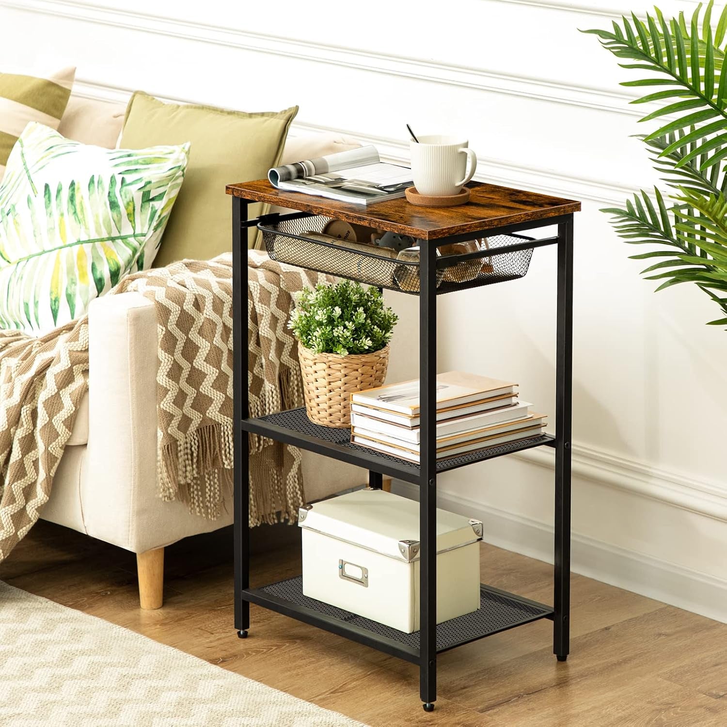 Small Side Table, Industrial Tall End Table with Adjustable Metal Mesh Basket, Telephone Table with Storage Shelf for Living Room, Bedroom, Hallway, Easy Assembly, Rustic Brown BF02DH01