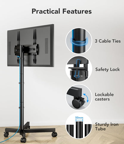 Mobile TV Cart Stand with Wheels for 23-60" Tvs, Height Adjustable, Portable Floor Stand Holds up to 88 Lbs, Rolling TV Mount Max VESA 400X400Mm