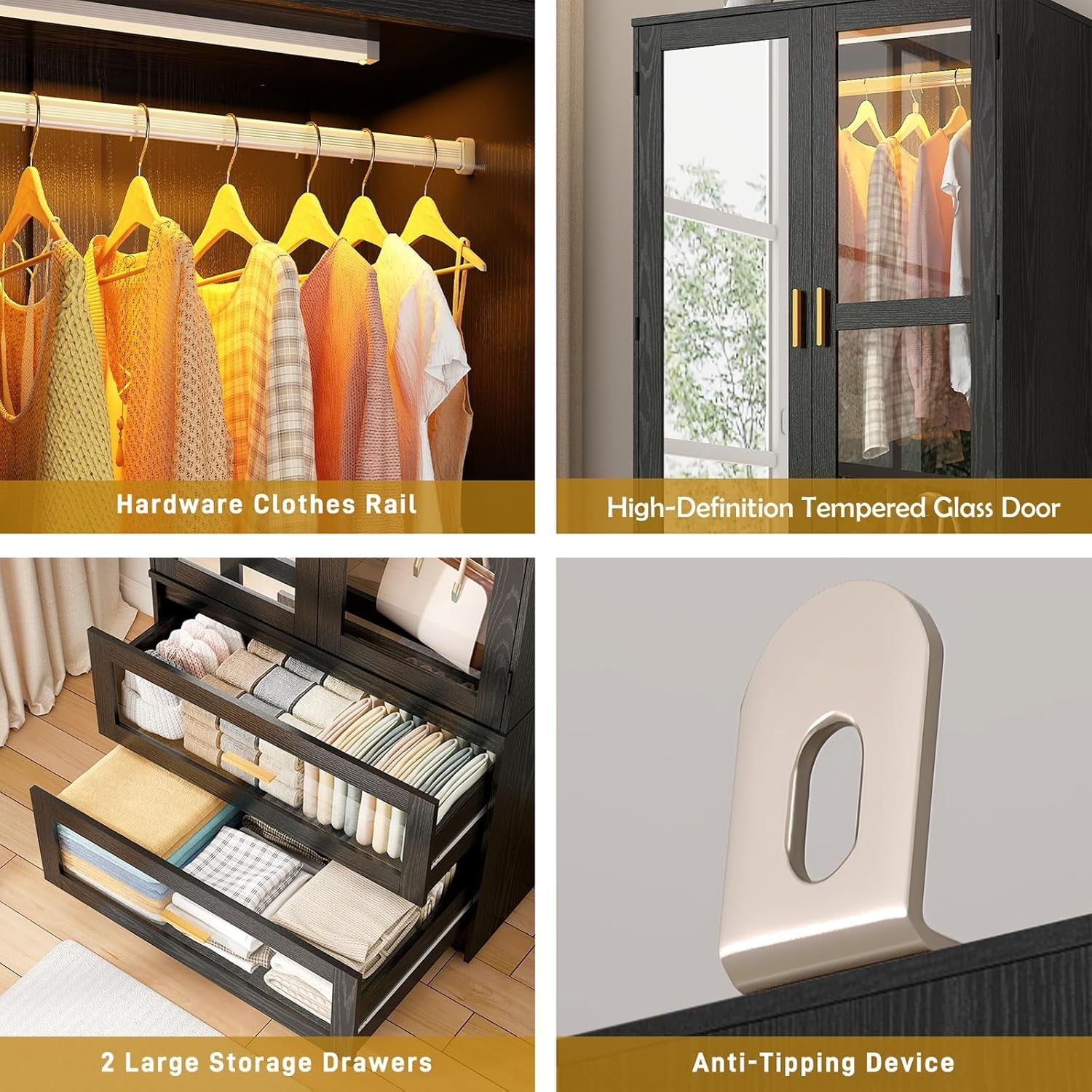 4 Doors Armoire Wardrobe Closet with LED and Mirror,71" H Freestanding Wooden Wardrobe Closet Cabinet for Bedroom W 2 Drawers,Wooden Clothing Storage Cabinet W Hanging Rod,Closets for Bedroom(Black)