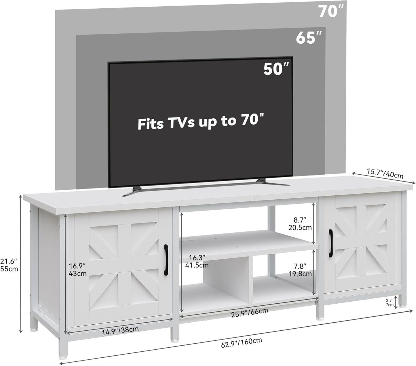 TV Stand with LED Lights & Charging Station, Farmhouse Entertainment Center with Storage Cabinets & Shelves, Cross-Pattern Doors, Fits Tvs up to 70'', TV Consoles for Living Room, White