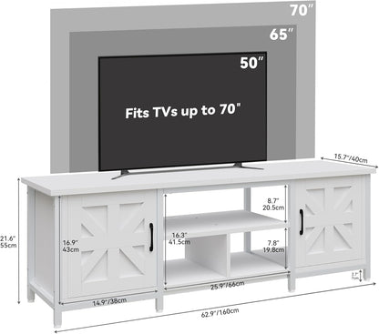 TV Stand with LED Lights & Charging Station, Farmhouse Entertainment Center with Storage Cabinets & Shelves, Cross-Pattern Doors, Fits Tvs up to 70'', TV Consoles for Living Room, White