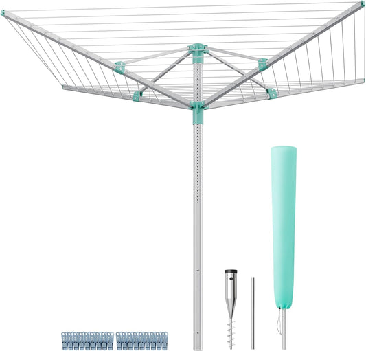 Umbrella Drying Rack, Retractable Outdoor Drying Rack, Height Adjustable, 164 Ft Long Clothesline, Holds 5 Laundry Loads, for Garden, with Ground Spike, Cover, Silver and Green ULLR301E01