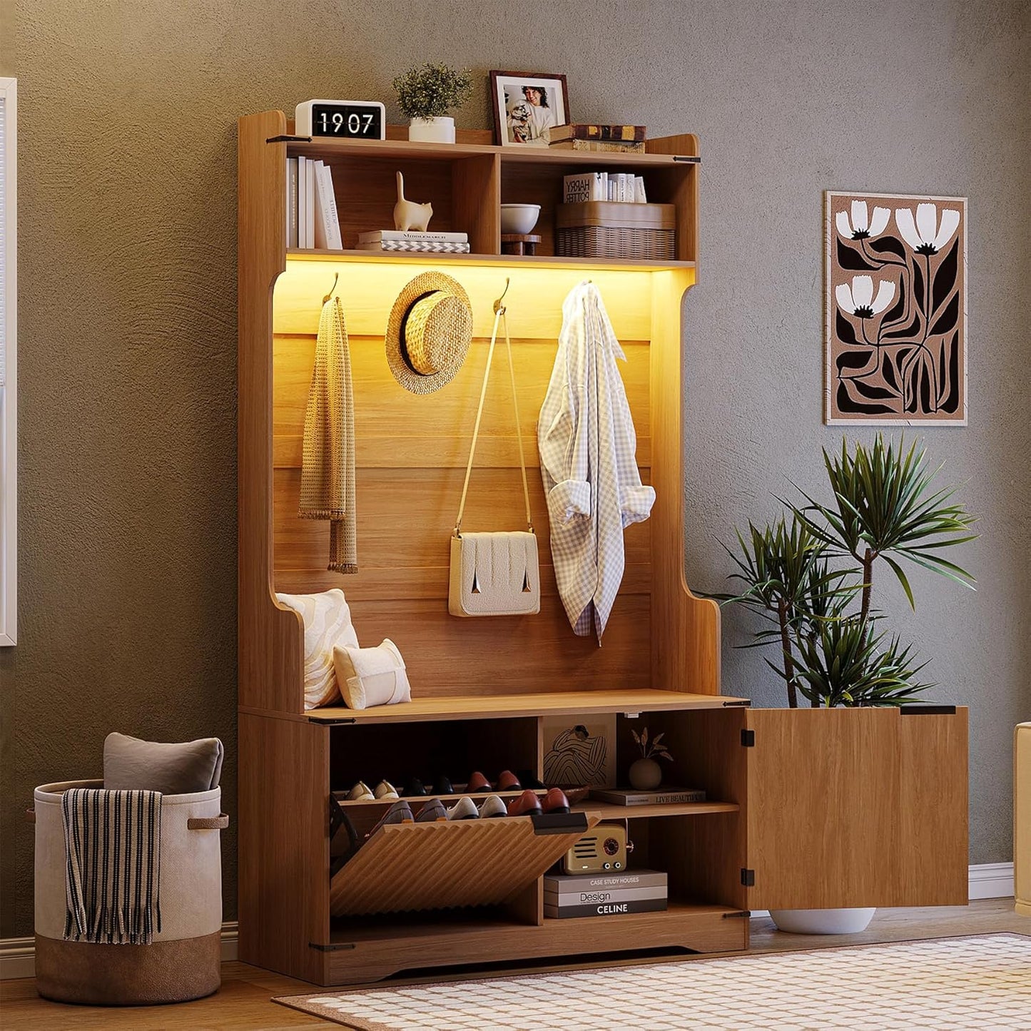 67" Entryway Hall Tree with Bench and Shoe Storage, 5-In-1 Coat and Shoe Rack, Mudroom Bench with Storage and 4 Hooks, Adjustable LED Sensor Light, Modern Boho Fluted Coat Tree, Walnut