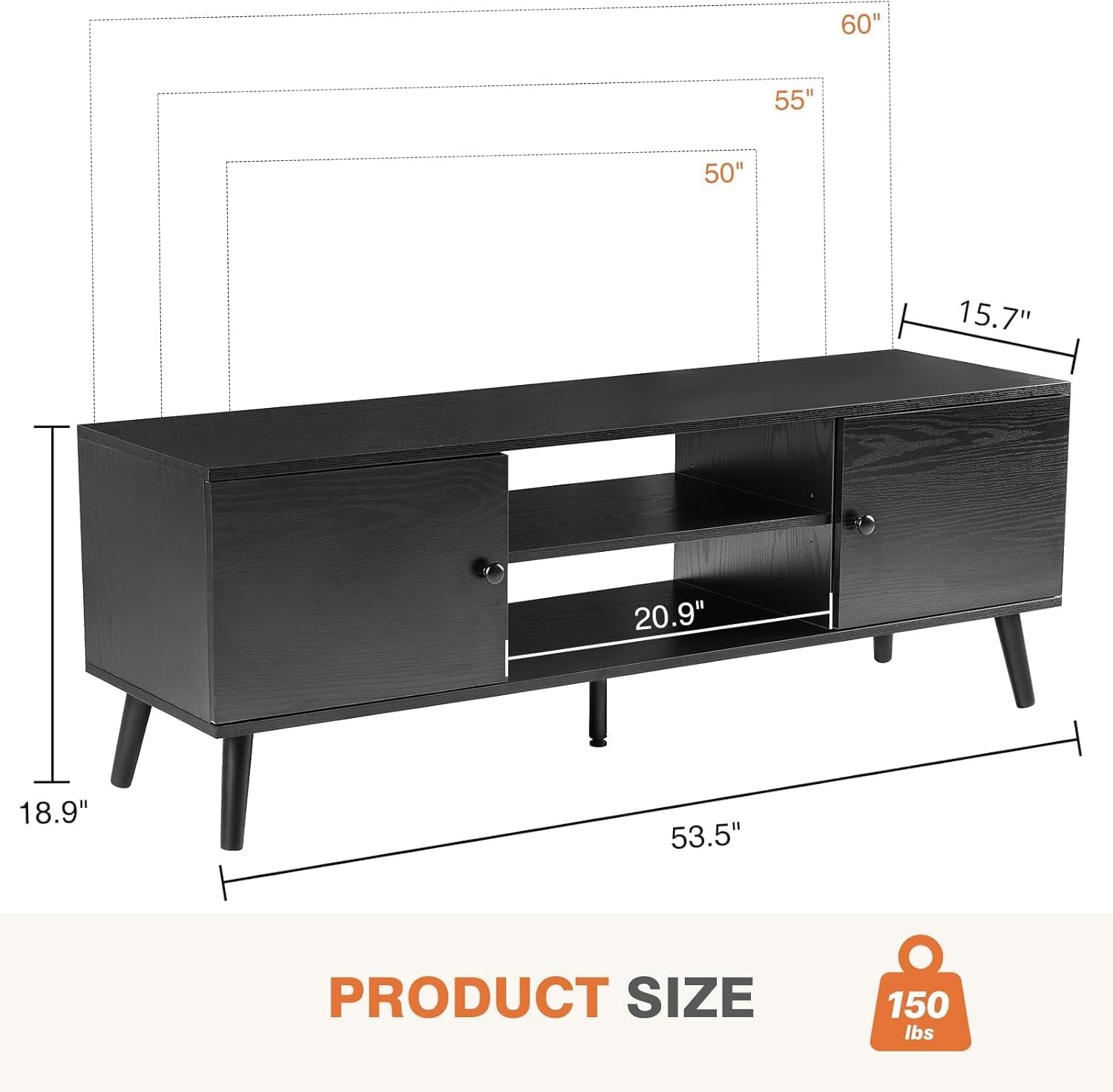 TV Stand for 55 60 Inch TV, Modern Mid Century Entertainment Center with Storage, Media Console Table 2 Cabinet, Soft Hinge, Handle Door, Wooden Living Room, Office Furniture, Pure Black