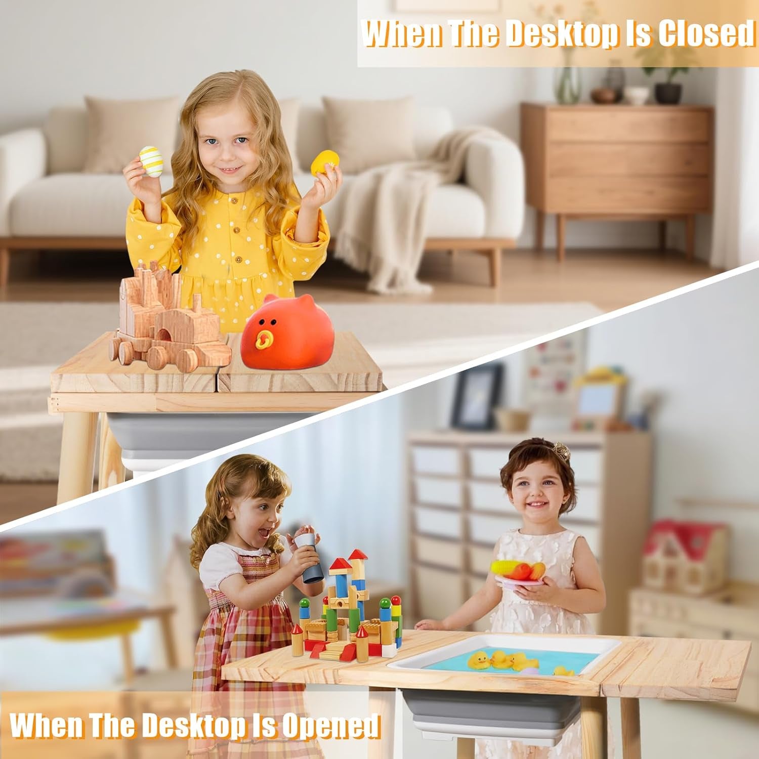 Wooden Sensory Table for Toddlers 1-3, with a Flip-Adjustable Desktop, Kids Table with Storage Bins, a Festive Gift Suitable for Both Boys and Girls