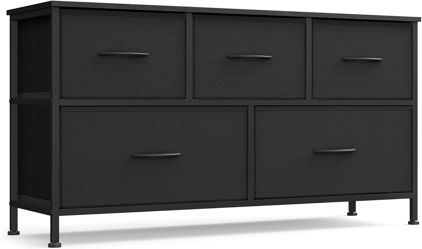 Dresser for Bedroom, Chest of Drawers, TV Stand, Steel, MDF, 5 Non-Woven Fabric Drawers, Storage Organizer Unit, Closet, Entryway, Ink Black and Ebony Black ULGS322B01S