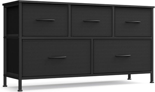 Dresser for Bedroom, Chest of Drawers, TV Stand, Steel, MDF, 5 Non-Woven Fabric Drawers, Storage Organizer Unit, Closet, Entryway, Ink Black and Ebony Black ULGS322B01S