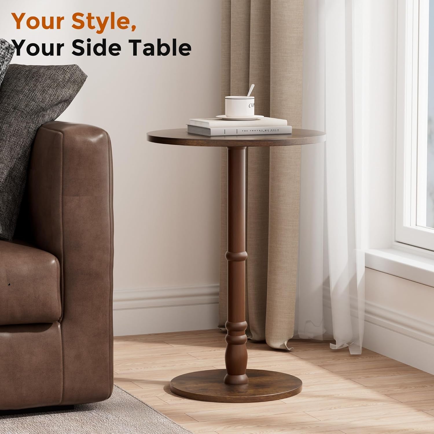 Round Side Table, Solid Wood Pillar, Large 15.7" Top, Small Accent Table for Living Room, Bedroom, Sofa, Entryway & Office, Easy Assembly, Rustic Brown