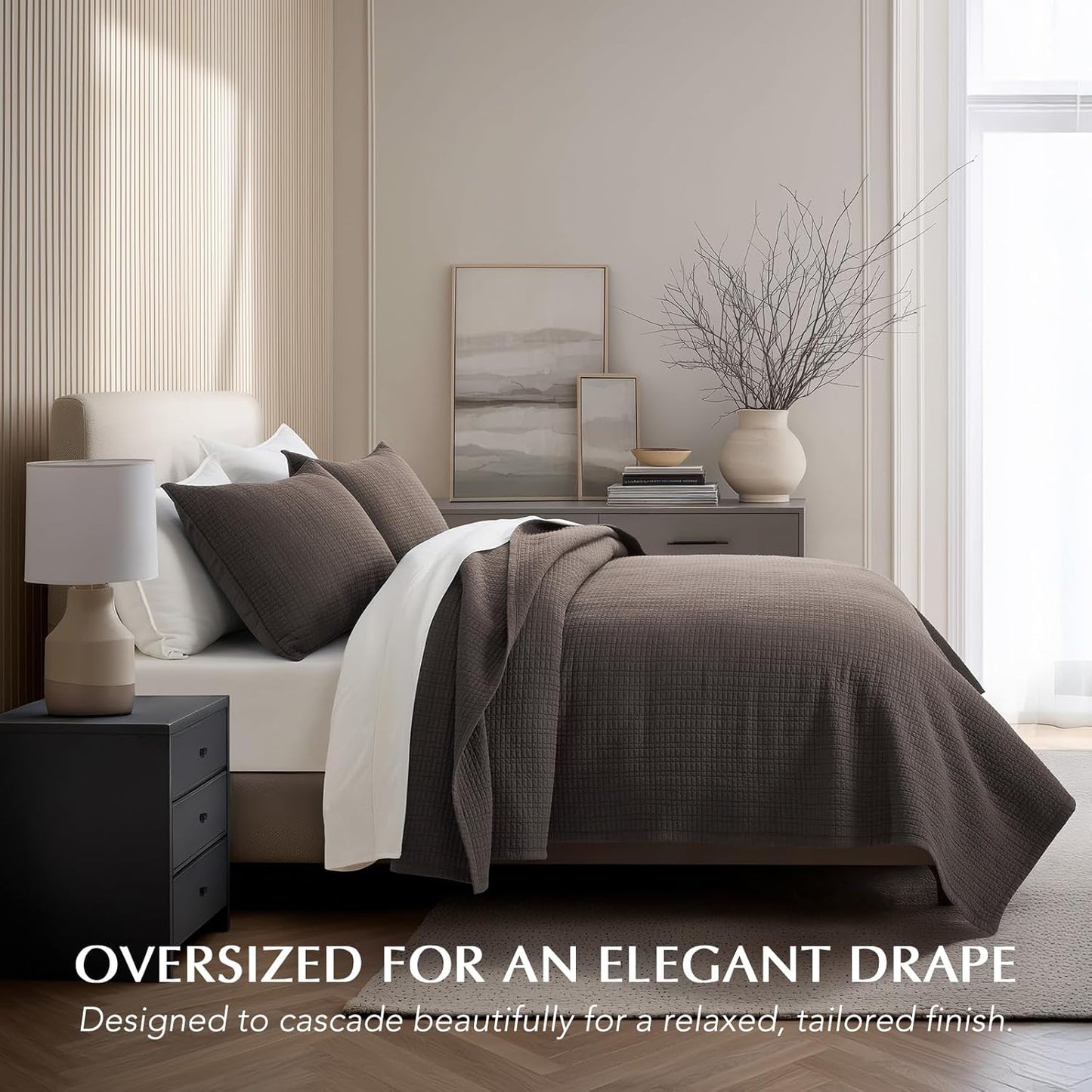 100% Cotton Quilt King Size, Pre-Washed Modern Grid Stitch Lightweight Bedspread Coverlet for All Season, Oversized 3-Piece Bedding Set with 2 Pillow Shams, Dark Brown