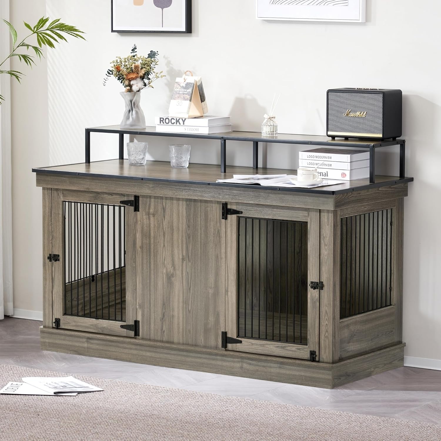 Large Dog Crate Furniture TV Stand, Wooden Pet Kennel with Double Doors, Indoor Furniture Style Dog House End Table, 1861 (Brown)