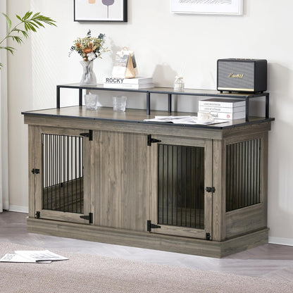 Large Dog Crate Furniture TV Stand, Wooden Pet Kennel with Double Doors, Indoor Furniture Style Dog House End Table, 1861 (Brown)