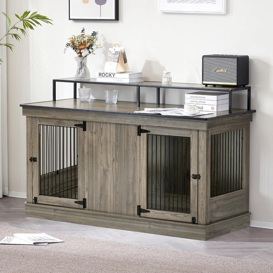 Large Dog Crate Furniture TV Stand, Wooden Pet Kennel with Double Doors, Indoor Furniture Style Dog House End Table, 1861 (Brown)