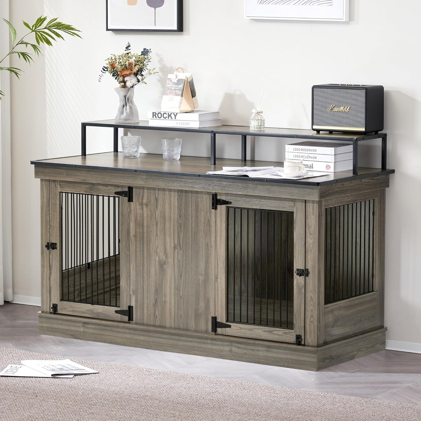 Large Dog Crate Furniture TV Stand, Wooden Pet Kennel with Double Doors, Indoor Furniture Style Dog House End Table, 1861 (White)