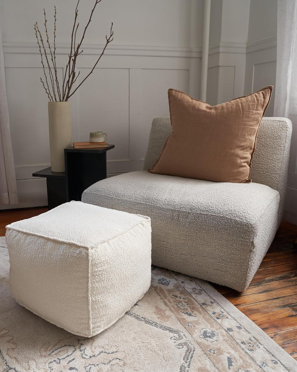 Beautiful Boucle Pouf Ottoman and Foot Rest - Elevate Your Living Room Decor with Lightweight Comfort and Charm - a round Modern Foam Filled Foot Stool Perfect to Rest Your Feet