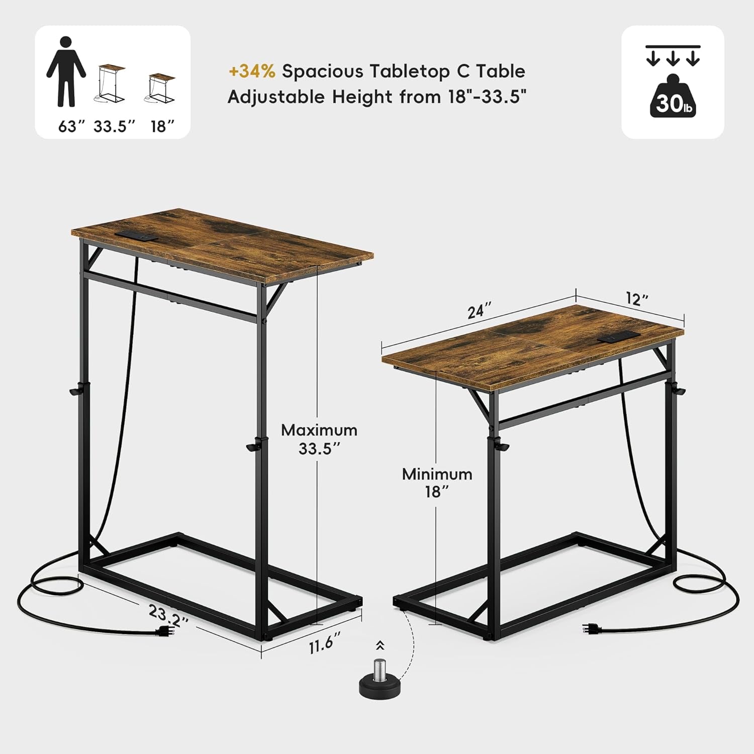 C Shaped End Table with Charging Station, Large C-Table End Table Adjustable Height Side Table for Couch, Couch Table Slide under Sofa Table TV Tray Table for Sofa, Living Room, Bedroom,Brown