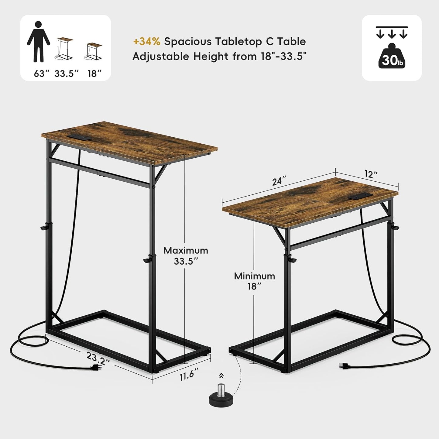 C Shaped End Table, Tall Side Table for Couch, C-Table End Table Adjustable Height Side Table, Large Surface Sofa Table TV Tray, Slide under Couch Table for Sofa, Living Room, Bedroom, White