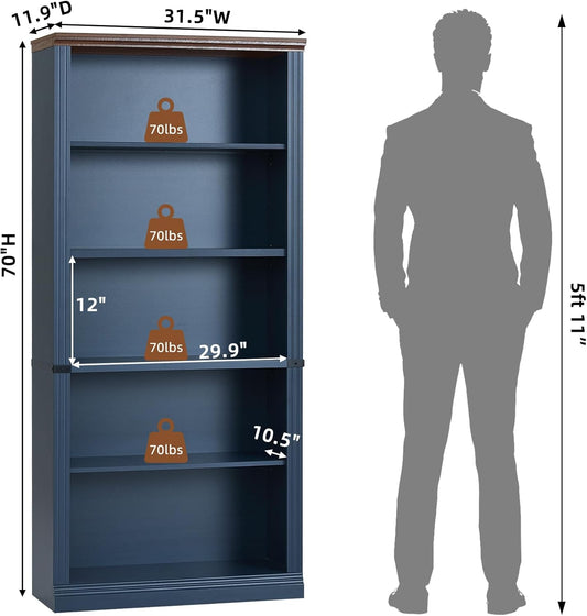 70" Blue Tall Bookshelf,5-Tier Thick Wooden Book Shelf with Adjustable Shelves,Free Standing Farmhouse Bookcase with Open Display Storage,Floor Vintage Bookshelves for Living Room,Office