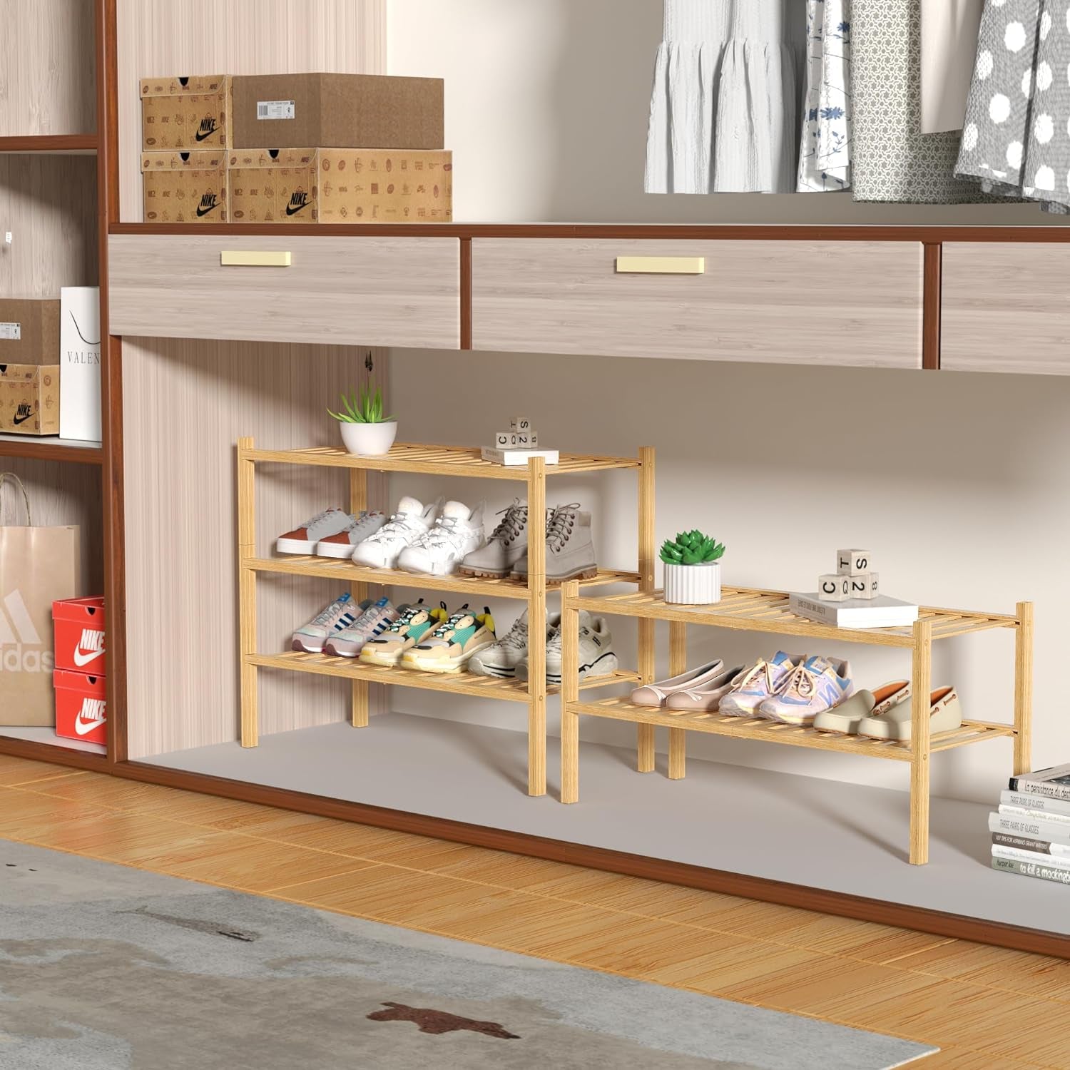 3 Tier Bamboo Shoe Rack for Closet Free Standing Wood Shoe Shelf Storage Organizer for Entryway Small Space Stackable 27"X11"X20" (Natural)
