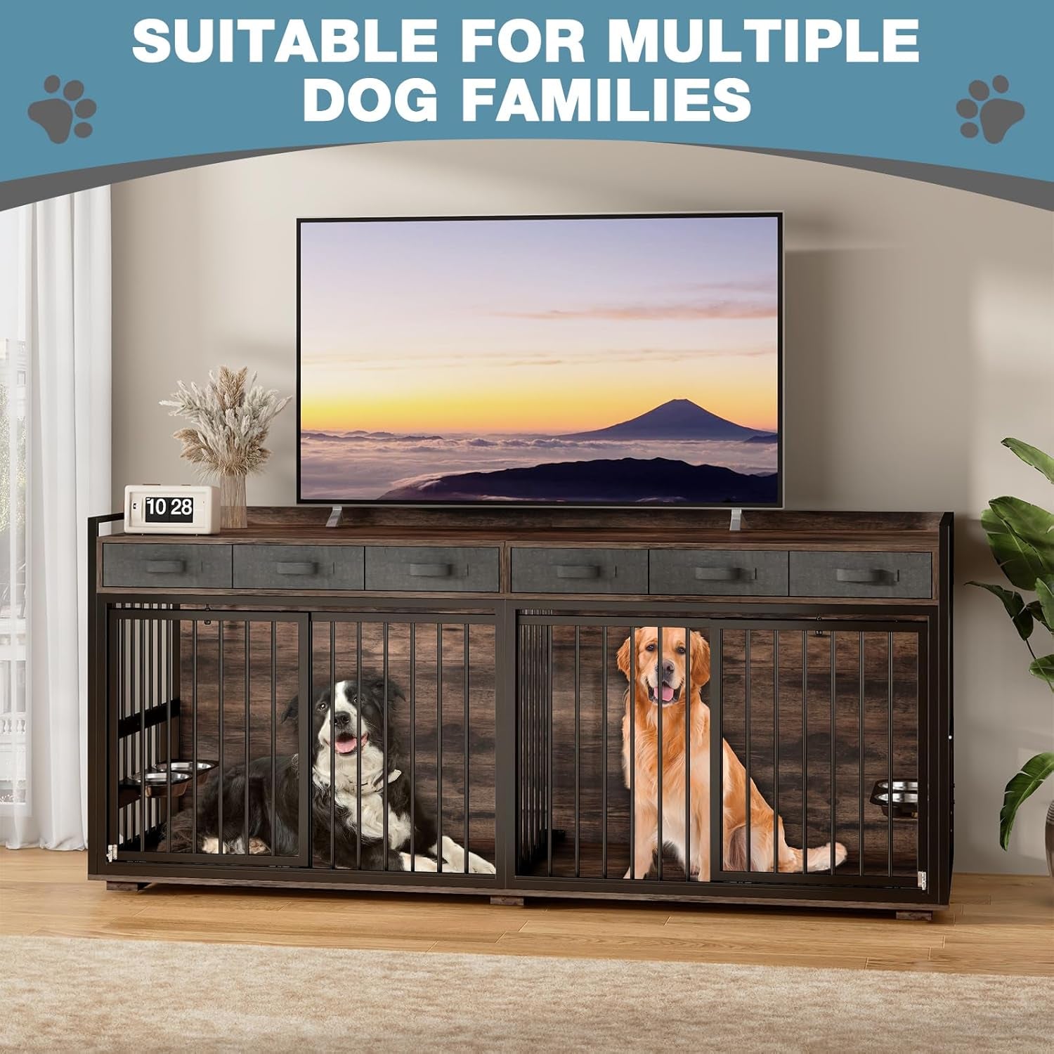 86.6" Large Double Dog Crate Furniture,Heavy Duty Metal Frame Dog Crate Kennel Sliding Doors,Chew-Resistant Dog Kennel for 2 Dogs with Bowls&Divider&Drawers Indoor