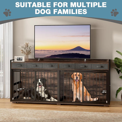 86.6" Large Double Dog Crate Furniture,Heavy Duty Metal Frame Dog Crate Kennel Sliding Doors,Chew-Resistant Dog Kennel for 2 Dogs with Bowls&Divider&Drawers Indoor