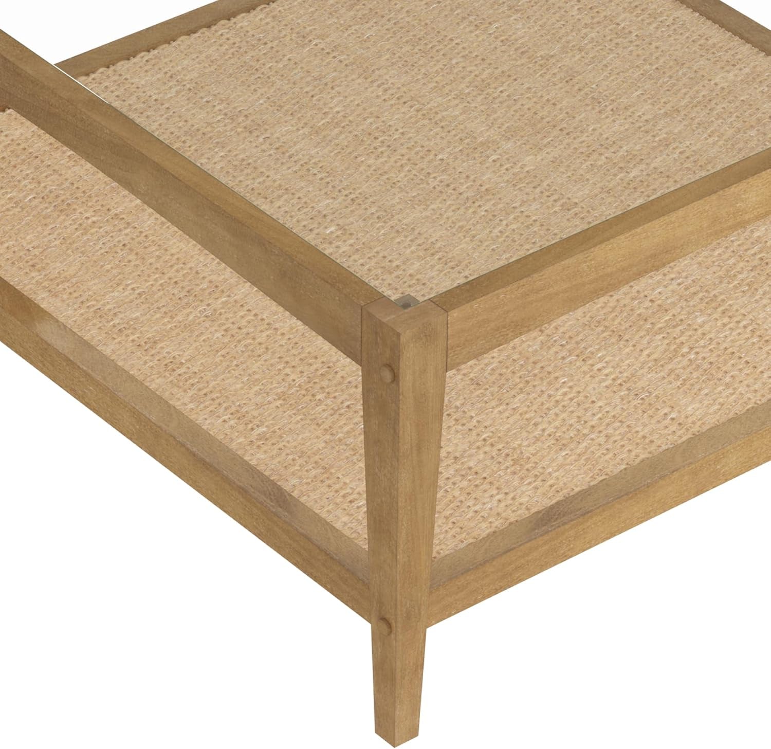 Hayes Glass Coffee Table and Side Table Set with Rattan Bottom Shelf, Bohemian 2-Piece Living Room Set