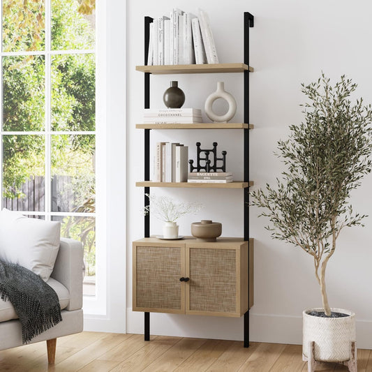 Theo Ladder 3 Tier Open Bookshelf with Rattan Drawers and Matte Steel Frame, Light Oak/Black