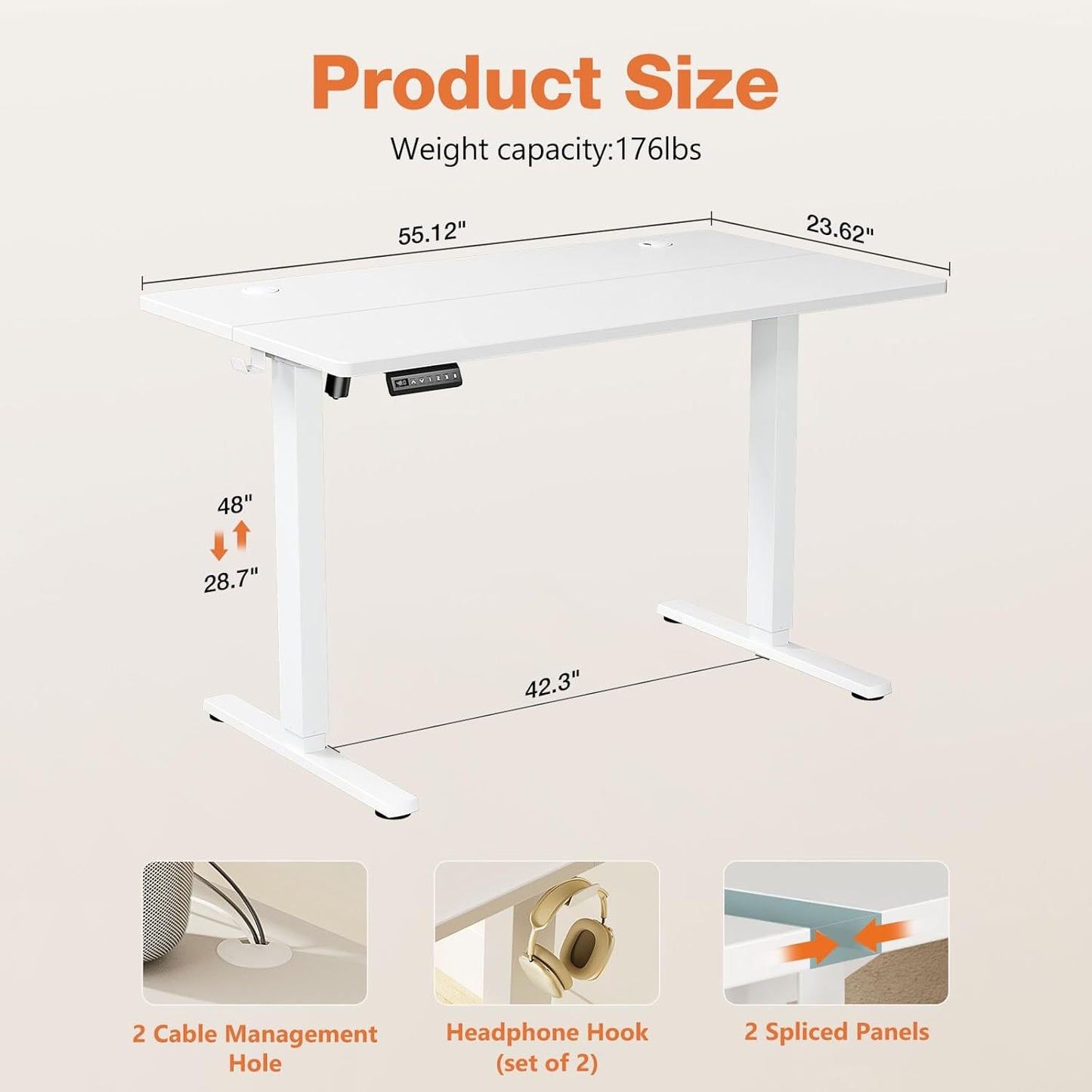 Electric Standing Desk Adjustable Height, 55X24 Inch Sit Stand up Home Office Desks Computer Workstation PC Work Table with 3 Memory Preset Splice Wood Board Metal Frame, White
