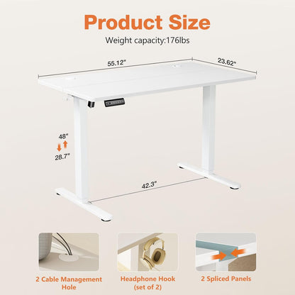 Electric Standing Desk Adjustable Height, 55X24 Inch Sit Stand up Home Office Desks Computer Workstation PC Work Table with 3 Memory Preset Splice Wood Board Metal Frame, White