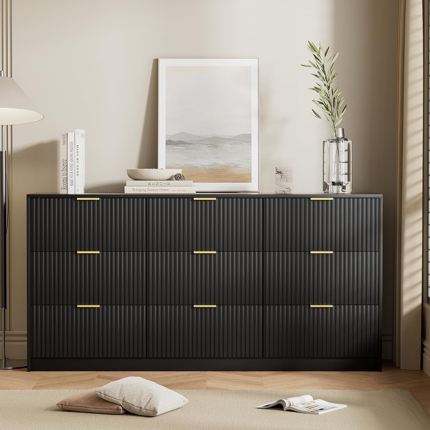Black Dresser for Bedroom, Modern Dresser with 9 Drawers and Smooth Slides, Wide Chest of Drawers with Golden Handles for Bedroom, Living Room, Closet, 15.7" D X 63" W X 31.5" H