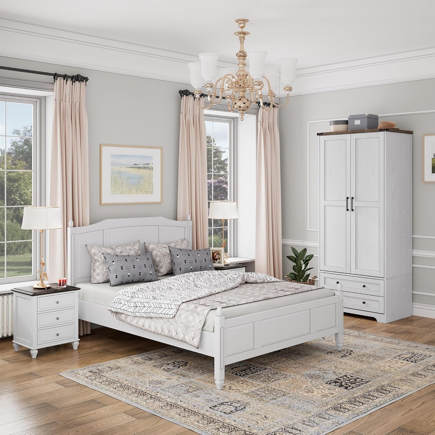 Armoire Wardrobe Closet with 2 Modern Doors, 71" Tall Freestanding Closet Wardrobe Cabinet with Drawers and Hanging Rail, Light Wooden Storage Cabinet with Shelve for Bedroom (White, 2 Doors)