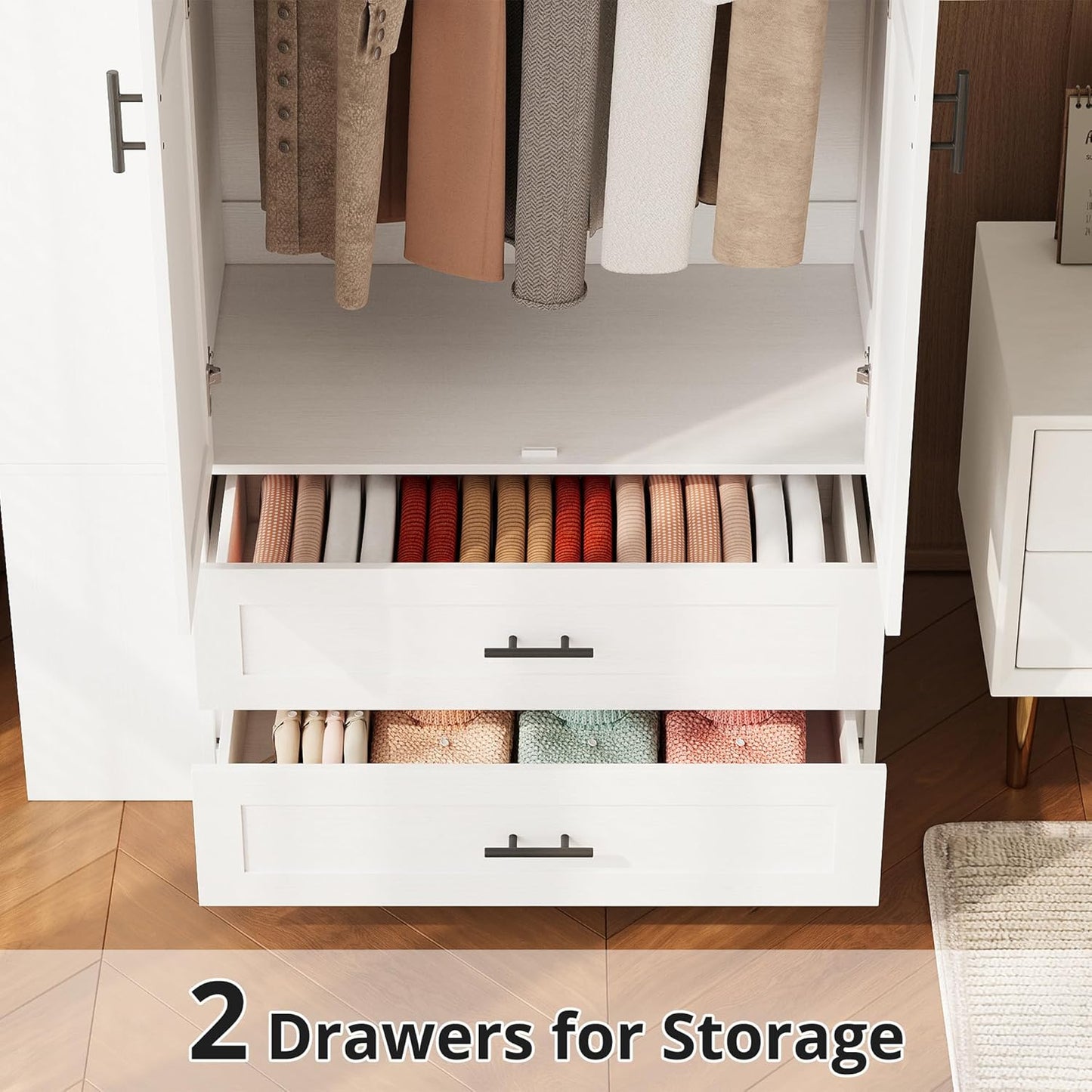 Armoire Wardrobe Closet with Large Mirror, Storage Cabinet with 2 Doors and 2 Drawers, 2 Storage Shelves, 70" Wardrobe Cabinet for Bedroom,White
