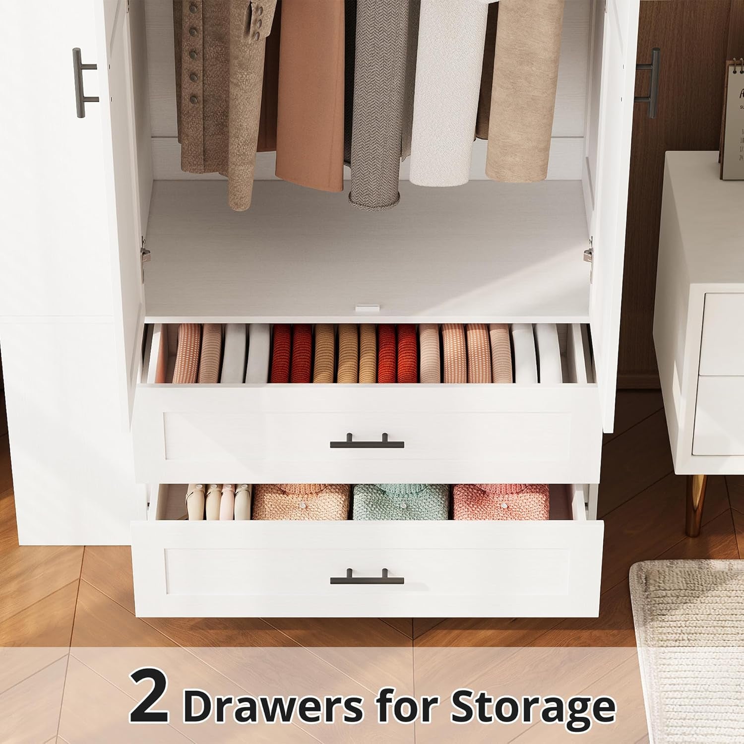 Armoire Wardrobe Closet with Large Mirror, Storage Cabinet with 2 Doors and 2 Drawers, 2 Storage Shelves, 70" Wardrobe Cabinet for Bedroom,White