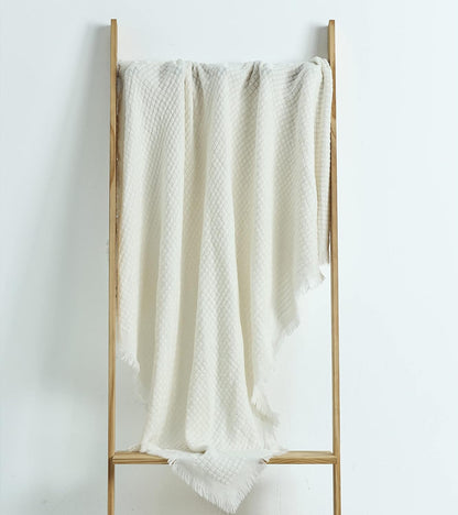 Farmhouse Boho Knitted Throw Blanket for Couch Sofa Chair Bed Home Decoration, Soft Warm Cozy Light Weight for Spring Summer Fall (50''X60'' off White/Ivory/Cream)