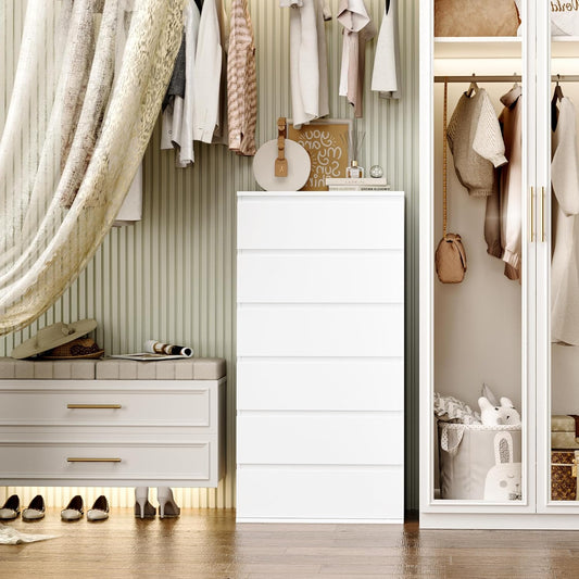White Dresser, 6 Drawer Dresser, Modern Tall Floor Storage Cabinet with Metal Sliding Rail, Wooden Handleless Drawer Cabinet, 6-Layer Large Capacity Vertical Dressers for Home & Office